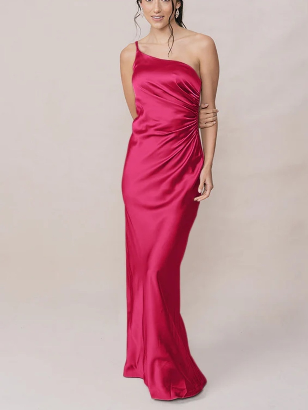 Revelry Jade Satin One-Shoulder Fuchsia Evening Gown